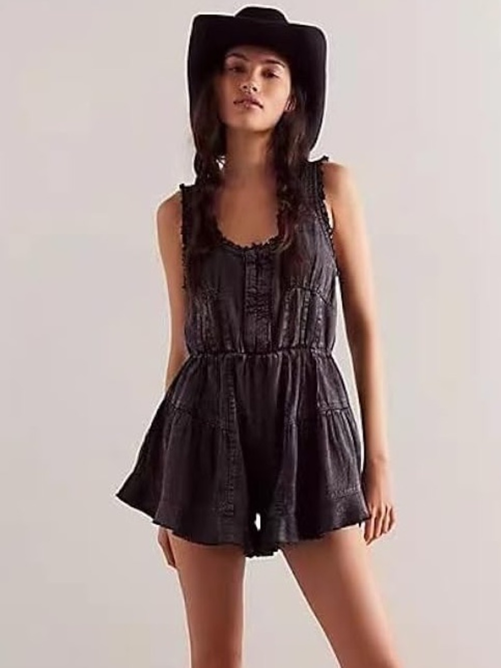 Free People Nikita Washed Black Denim Romper Frayed Trim Boho Shortalls Western